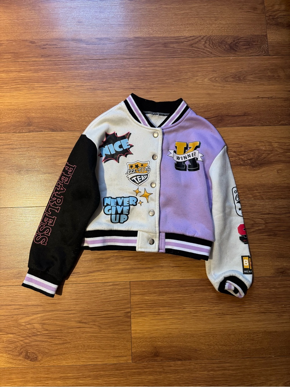 Source Unknown Lavender, Black & White Colorblock Patch Bomber Jacket